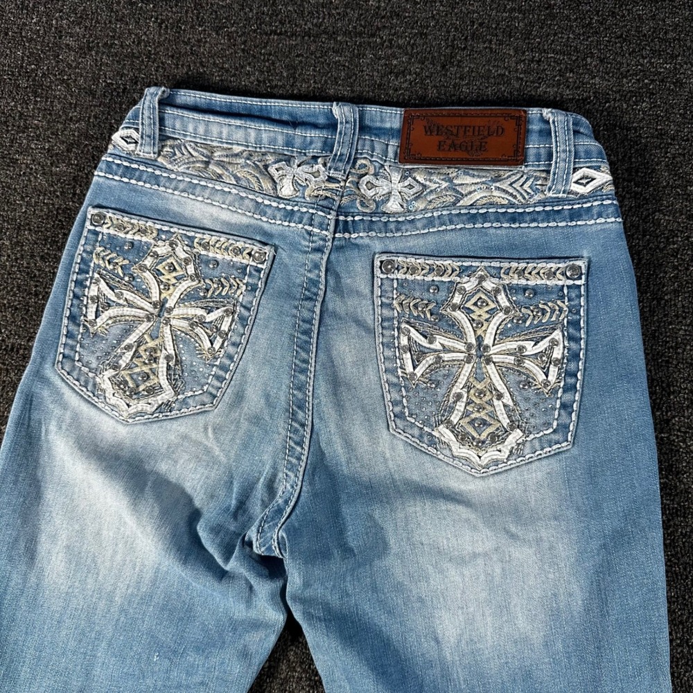 Westfield Eagle Flare Jeans Womens 5 Blue Good Cross Rhinestone Y2K McBling